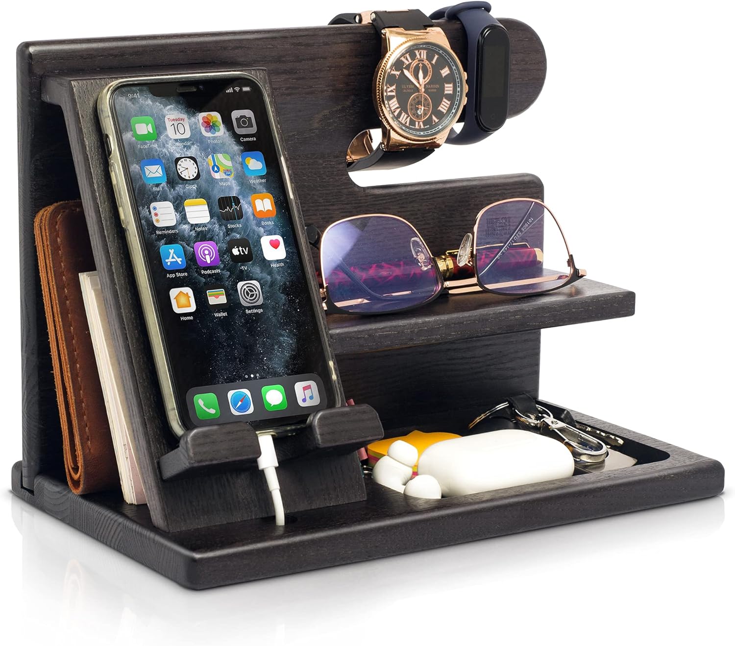 TESLYAR Cadeau Homme Organisateur de Bureau Bois Cadeau Fete des Peres Support Telephone Bureau Cadeau Papa Noël Cadeau Support Montre Cadeau Anniversaire Homme Support Porte Monnaie (Noir)