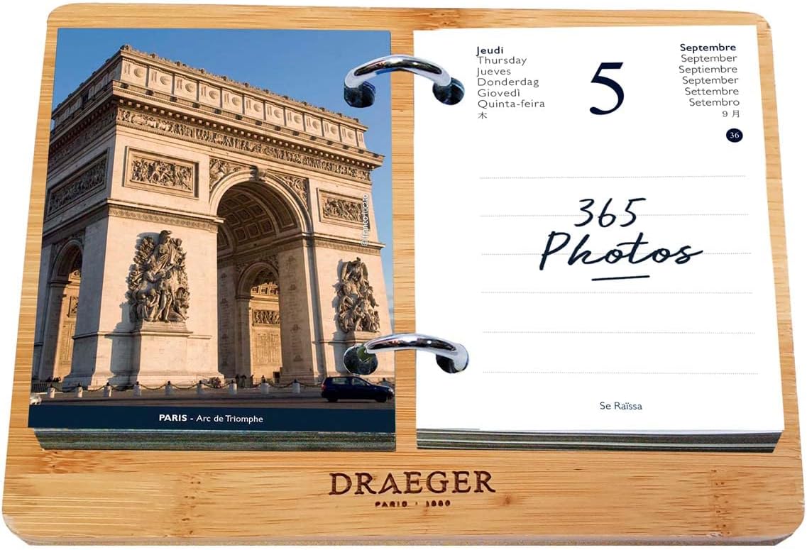 DRAEGER PARIS - Coffret Agenda éphéméride Yvon France janvier-dec 2024 - Socle bambou - 365 jours 365 feuillets - Agenda bureau -7 langues - Papier certifié FSC®, Imprimé avec encres végétales