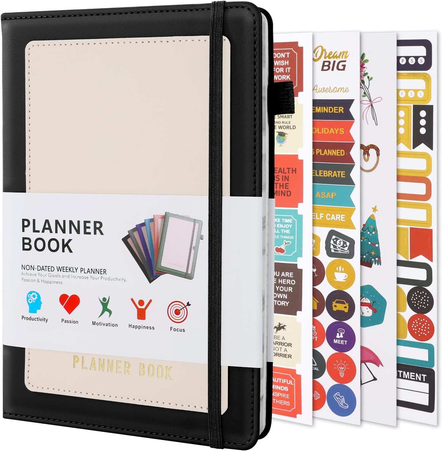 Agenda Semainier A5 Planificateur Hebdomadaire Weekly Planner, Couverture Rigide en PU Cuir avec Stickers et Ruban Signet Commencer à Tout Moment pour Scolaire Bureau Noir
