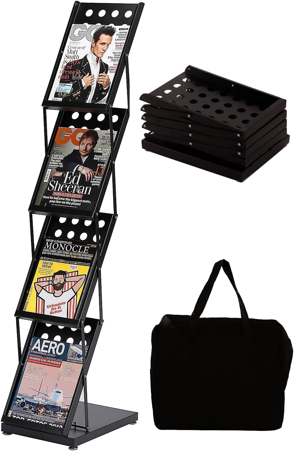 Wertiung Support de magazine de catalogue de littérature avec sac de transport pliable pour bureau, magasin de détail et exposition, 4 poches (noir)
