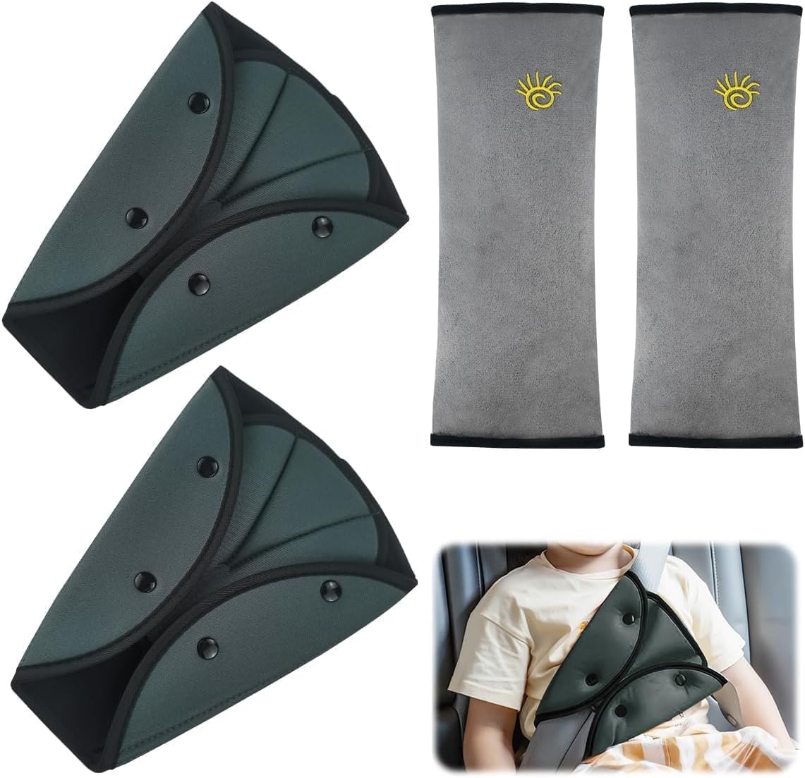2 Ajusteurs de Ceinture de Sécurité pour Enfants, 2 Coussinets de Ceinture de Sécurité, Ajusteur de Ceinture,Housse de Ceinture de sécurité de voiture,Coussin d'épaule,Oreiller de tête,Support de Cou
