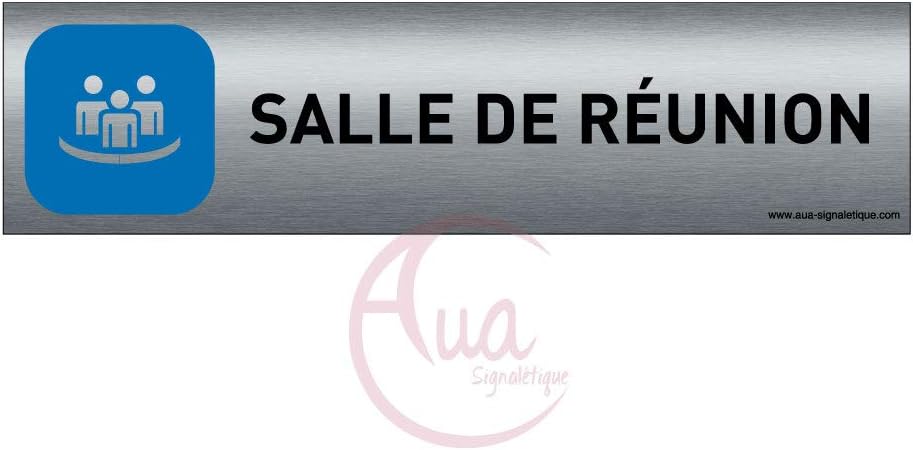 Plaque de porte Aluminium brossé imprimé AluSign - 200x50 mm - Double Face adhésif au dos - Impression UV directement sur l'aluminium (Pas de contre collage) (Salle de réunion)