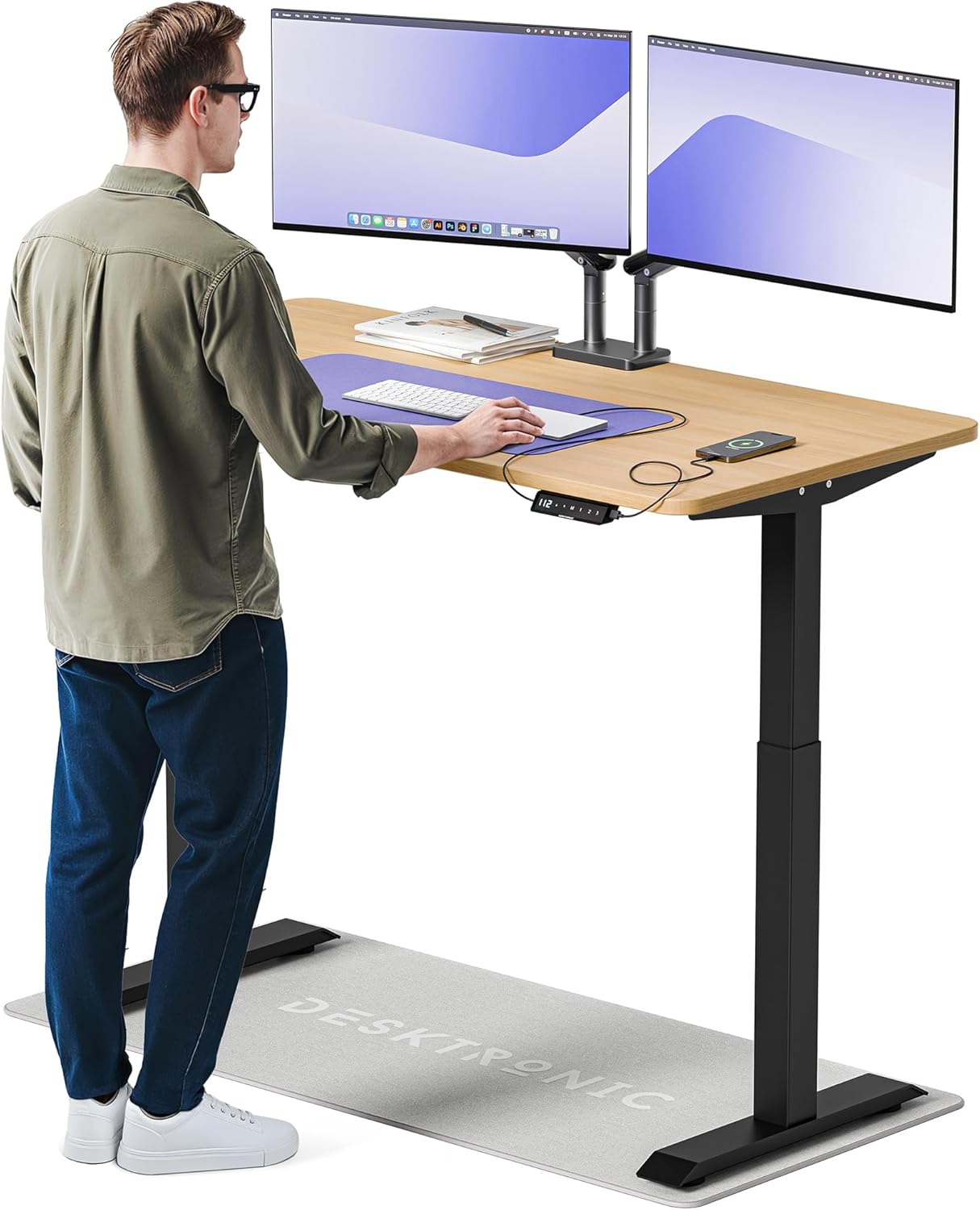 Bureau Assis Debout Électrique 140x70cm - Bureau Réglable en Hauteur Stabilisé - Commande Tactile - Mémoires - Ports USB Intégrés - Plan de Travail en Bois Européen - Table Assis-Debout