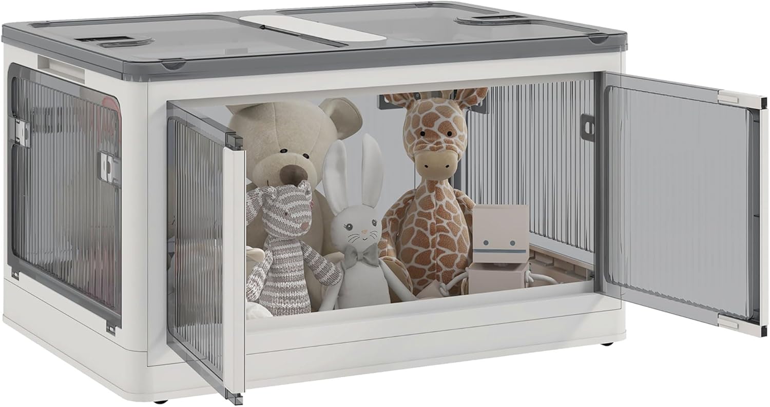 69L Boîte de rangement pliable et empilable en plastique, caisse rangement cube avec couvercle et 4 roulettes, accès à 5 côtés, pour jouets et livres, blanc