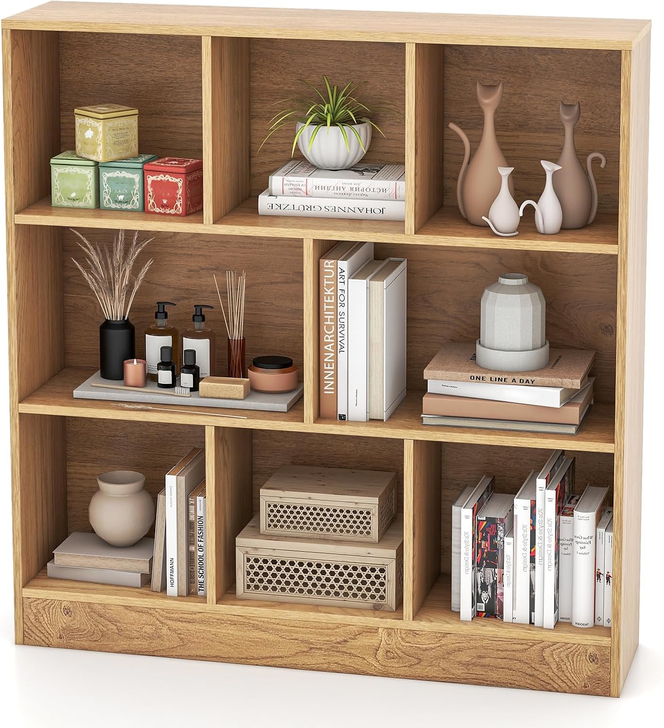 Étagère 8-Cube, Bibliothèque de Rangement à 3 Niveaux avec Compartiments Ouverts, 2 Kits Anti-basculement, Armoire Basse pour Livres & Jouets, 100 x 24 x 104 cm, Naturel/Blanc