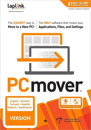 LAPLINK PCmover Professional 11 - Logiciel de Migration, Pour Fichiers, Dossiers & Programmes, Câble Ethernet Haute Vitesse 1 Gbps, Automatique, 1x Utilisation PCmover Professional + Ethernet Cable