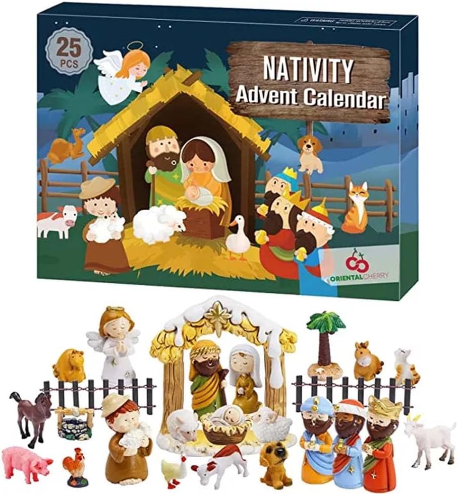 24 Days of Christmas Nativity Scene Set,Calendrier de l'Avent en résine pour crèche de Noël 24 jours,Calendrier de l'Avent 2024,Coffret cadeau de Noël pour enfants,Figurines de crèche de Noël