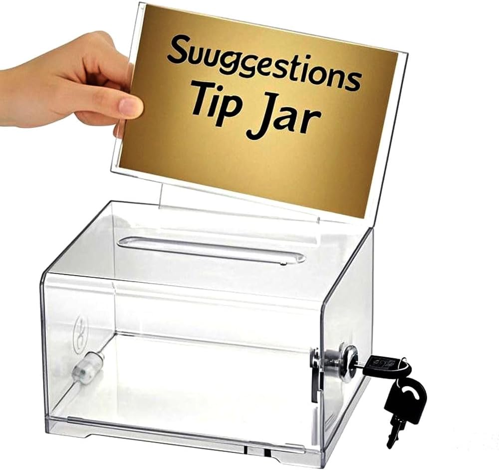 WANLIAN Boîte de don acrylique 1 paquet avec verrou, boîte de vote noire avec porte-pancarte, boîte à suggestions pour la collecte de fonds, don, bar, vote à l'école, 6,2x4,6x3,9 pouces Transparent