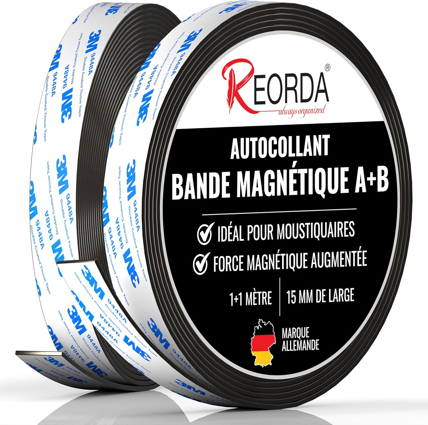 REORDA® Bande Magnétique pour Moustiquaires A+B - Bande Magnétique DIY pour Une Attraction Mutuelle Optimale 1m * 15mm
