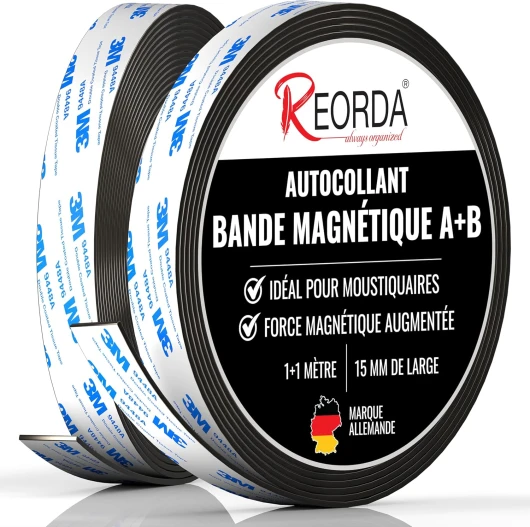REORDA® Bande Magnétique pour Moustiquaires A+B - Bande Magnétique DIY pour Une Attraction Mutuelle Optimale 1m * 15mm