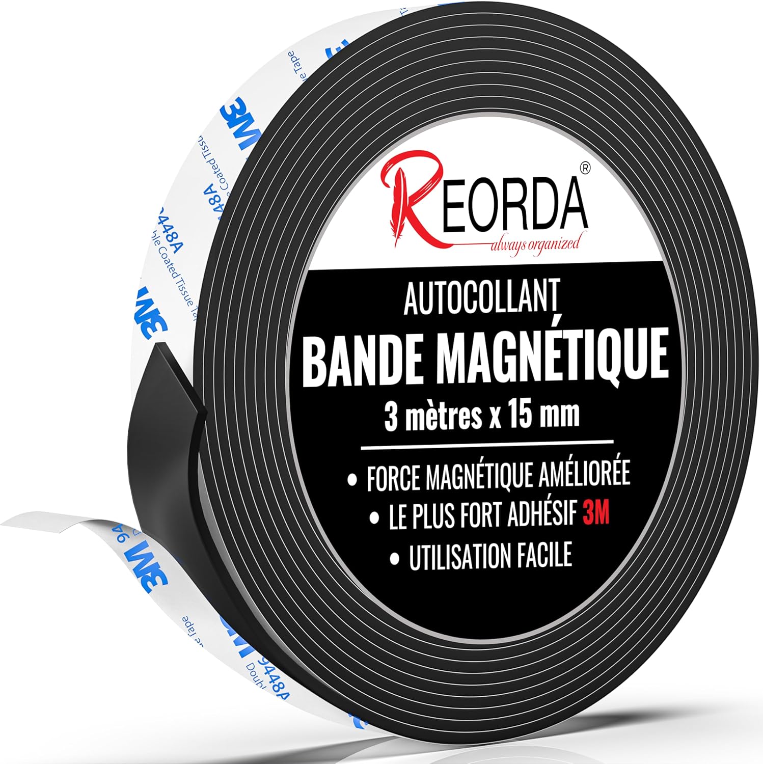 REORDA® Bande Magnétique Puissante - Aimant Autocollant avec Adhésif 3M Puissant - avec Force Magnétique Optimisée, Scotch Aimanté 3m * 15mm