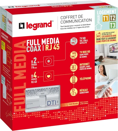 Coffret de Communication Pré-équipé Full Media - Coffret DTI RJ45/Coaxial - Pour Distribuer Tous Les Médias sur Différentes Prises - Pour Logement T1/T2/T3 - Fabriqué En France - Blanc T1 à T3 Coaxial + RJ45