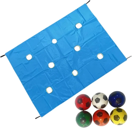 Jeu De Team Building avec Bâche À Trous - Activités De Groupe Collaboratives avec 6 Balles - Matériel De Formation pour Entreprises, Écoles Et Extérieur Bleu clair