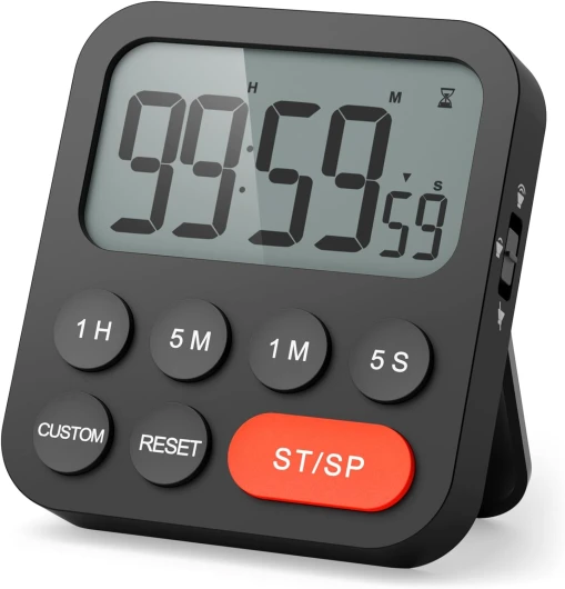 Minuteur de Cuisine, Minuterie Cuisine, Minuteur Digital Chronomètre et Compte à Rebours avec Mode Personnalisé, 3 Niveaux de Volume pour Examen, Réunion, sans Bruit - 2 Piles AAA - Noir Noir/Blanc 1