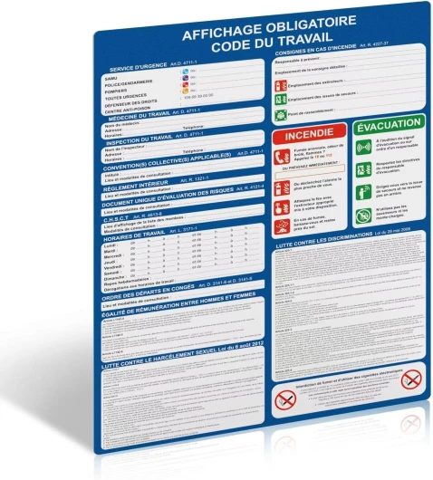Panneau Code du Travail 2025 - Affichage Obligatoire - 400 x 300mm - Plastique PVC Rigide de 1 mm avec Dos Auto-Adhésif - Résistant aux UV - Conforme droit du travail