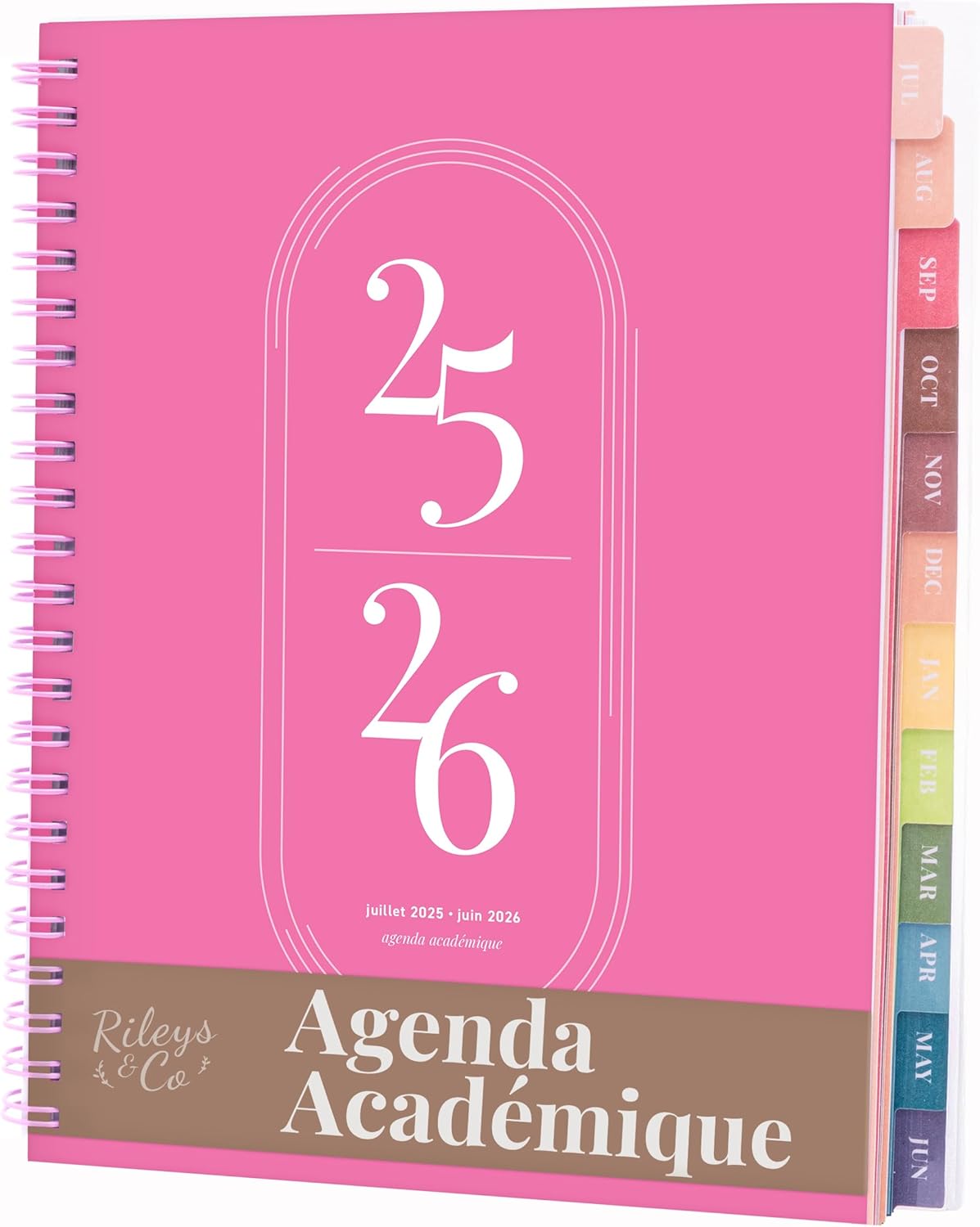 Rileys Agenda 2025 2026, Agenda Scolaire & Professionnel, Planificateur Journalier, Hebdo & Mensuel, Spirale Carnet de Rendez-Vous, Juil 2025–Juin 2026 (20,3 x 15,2 cm, Rose, en Français)