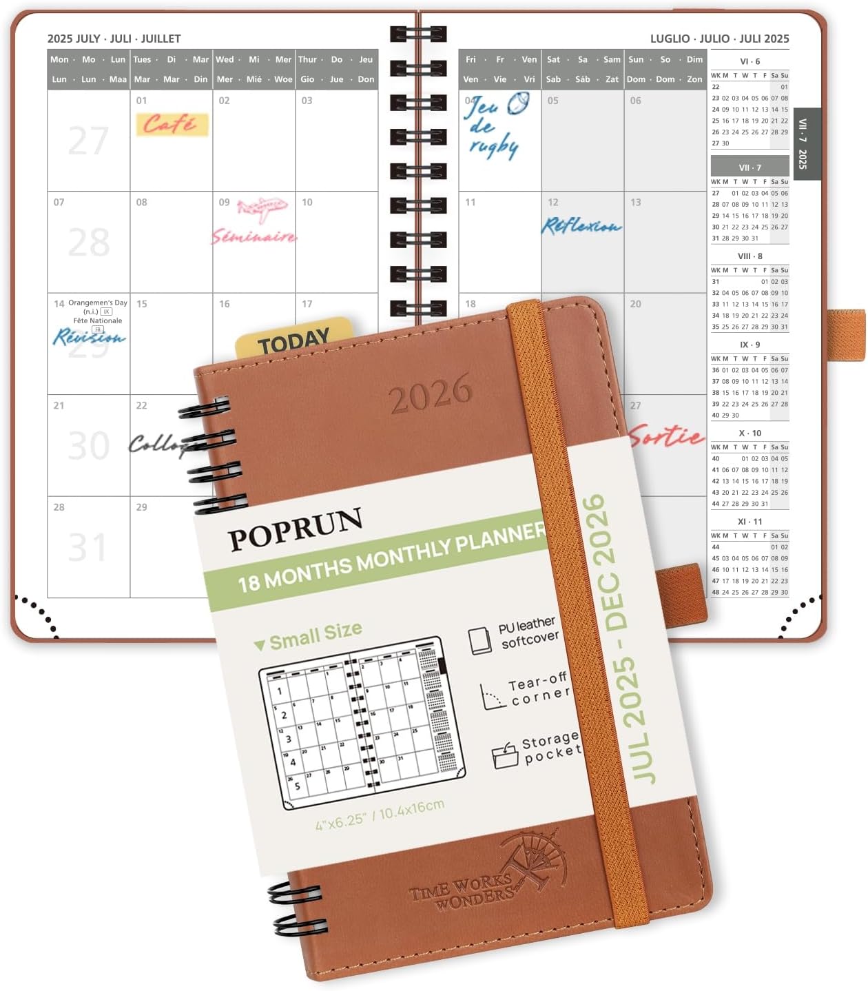 Agenda Mensuel 2025 2026 De poche 16 x 10,5 cm - De Juil 2025 à Déc 2026 18 Mois, A6 Petit Planner Scolaire, Couverture Souple Spirale, Règle Signet, Papier 100g/m², Marron Marron Petit-16 x 10,5 cm