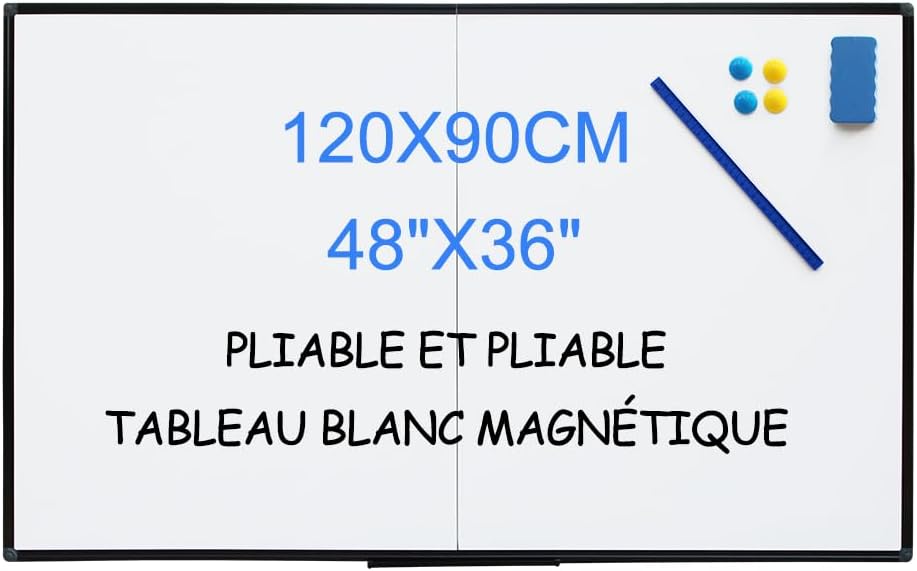 XIWODE Grand tableau blanc pliable aimants 120x90cm avec lunette en alliage d’aluminium noir pour le stockage de Réunion/maison 60x90cm (tableau blanc pliable 3648) Noir 120x90cm-Plié