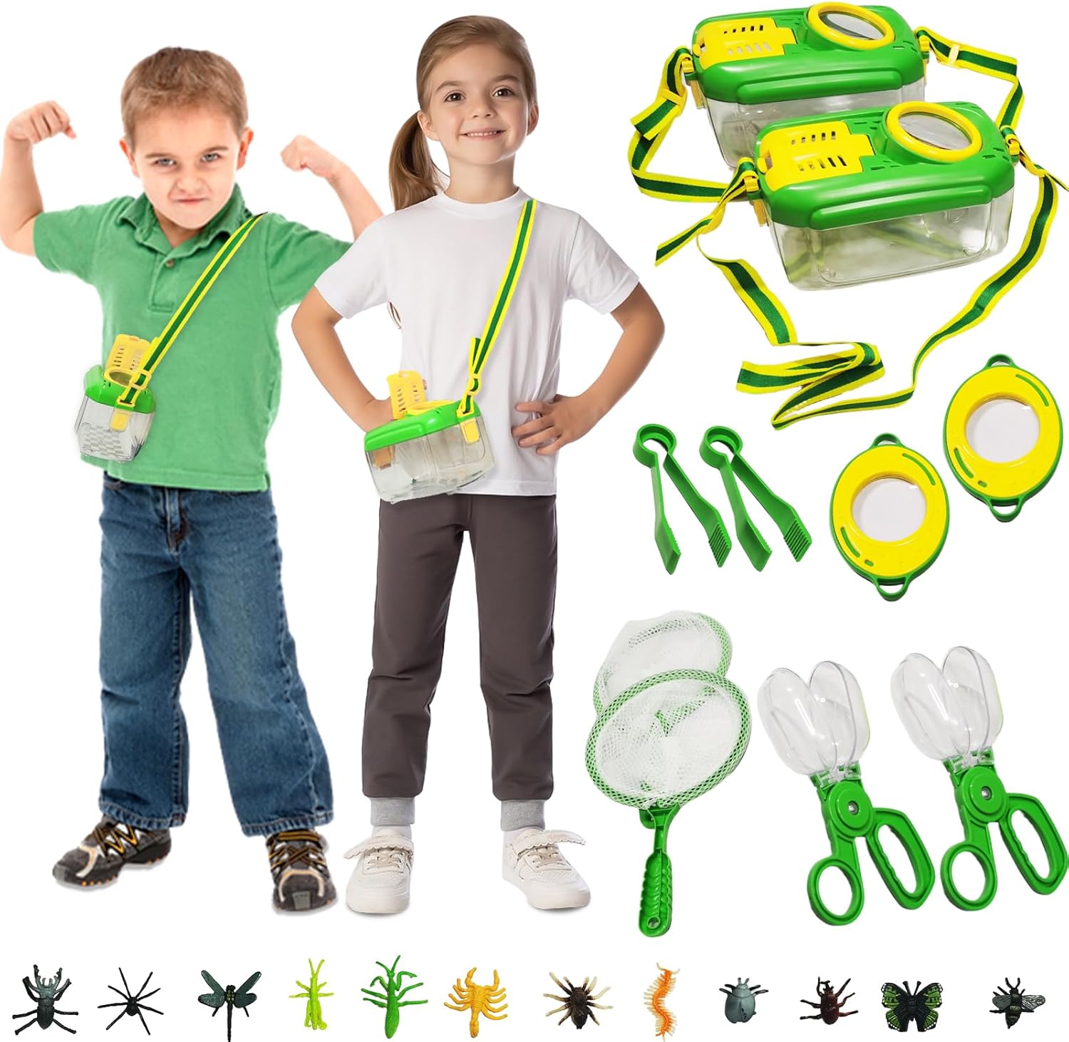CVARRISE Kit d'exploration en Plein air Jouet d'extérieur 22 Pièces -Kit de Capture d'insectes, Boussole, Loupe, Microscope, Cadeau d'exploration Camping Nature éducatifs pour Partir de 3 Ans