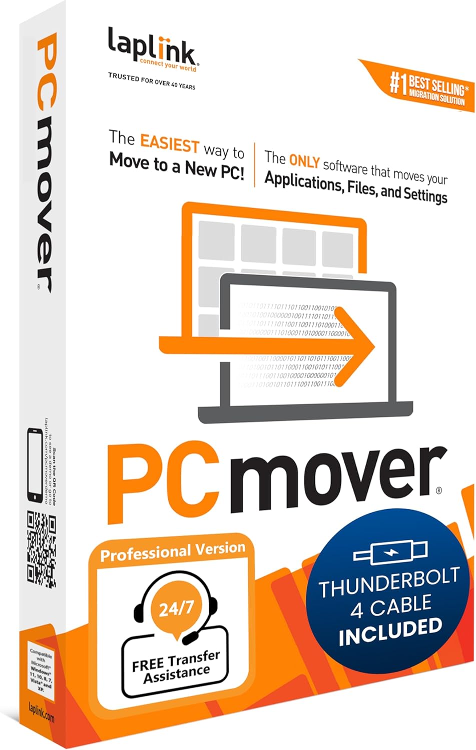 LAPLINK PCmover Professional 11 - Logiciel de Migration, Pour Fichiers, Dossiers & Programmes, Câble Thunderbolt 4 Ultra High Speed, Automatique, 1x Utilisation PCmover Professional + Câble Thunderbolt 3 & 4